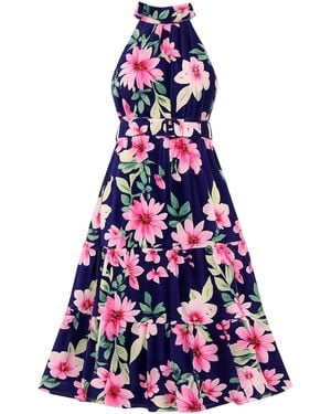 Yumi' Floral Halter Neck Midi Dress With Matching Belt - Blue