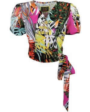 Lalipop Design Double-Breasted Blouse With Abstract Floral-Print - Multicolour