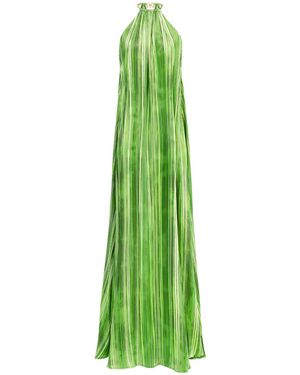 Kargede Silk Satin Halter Maxi Dress – Striped, Side Slits - Green