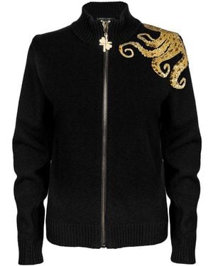 House of Laines London Cashmere-Wool Zip Cardigan With Hand-Embellished Octopus - Black
