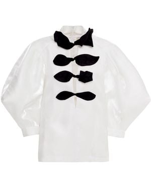 Julia Allert Taffeta Deep V-Neck Blouse With Satin Floral Detail – - White