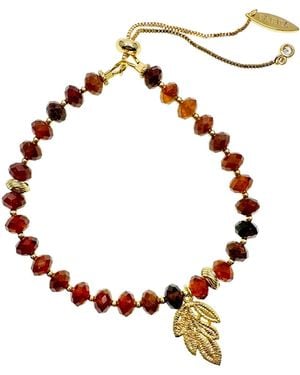 Farra Natural Garnet Gemstone With Leaf Charm Adjustable Bracelet - Brown