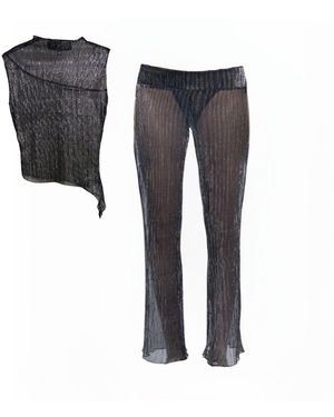 Amortizia Belladona Set Metallic Shimmer Stretch Asymmetric Top & Flared Trousers Set - Black