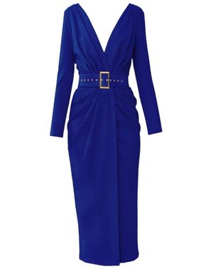ALINA CERNĂTESCU Sting Midi Royal Office Dress With Drapery And Textile Belt - Blue