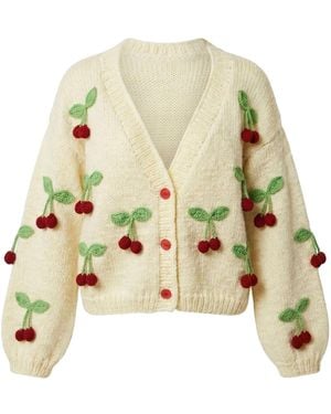 Ana Chic Neutrals Cherry Motif Handmade Knitted Cardigan - Green