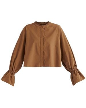 Paisie Ruffle Round Neck Blouse With Cinch Wrist Detail - Brown
