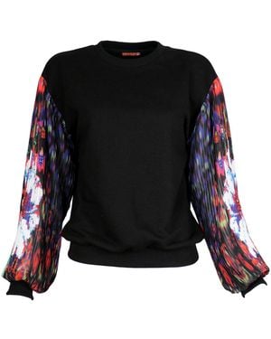 Lalipop Design Sweatshirt With Printed Chiffon Pleated Sleeves - Black
