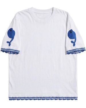 Ana Chic Fish Handmade Crochet Applique Cotton Tee - Blue