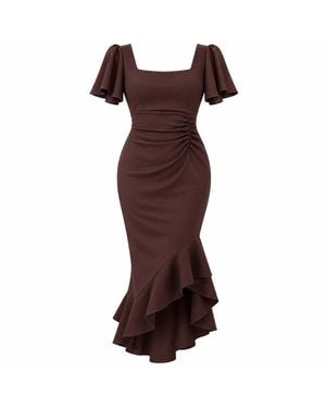 Girl In Mind Leona Square Neck Frill Midi Dress - Brown
