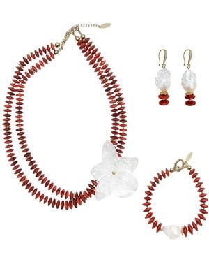 Farra Bamboo Coral With Flower Shell Double Layers Necklace Set - Red