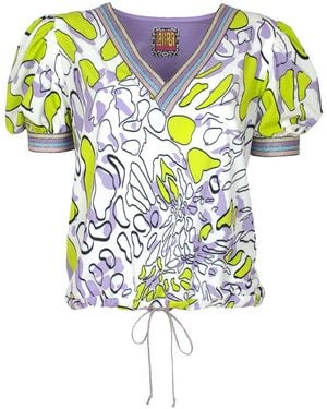 Lalipop Design Puff Sleeves V-neck Blouse With Abstract Printed Front - Blue