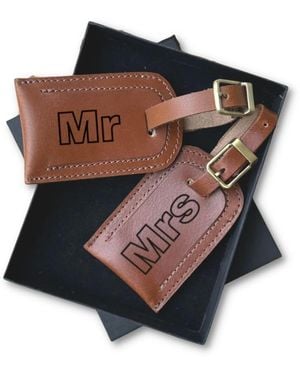 VIDA VIDA Mr And Mrs Handmade Leather Luggage Tag Set - Brown