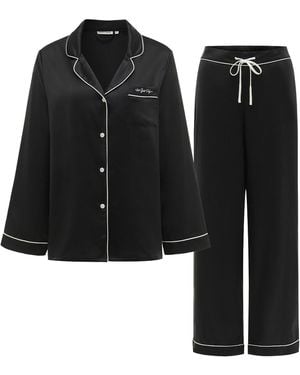 NOT JUST PAJAMA Little Heart Classic Silk Pyjama Long Set - Black