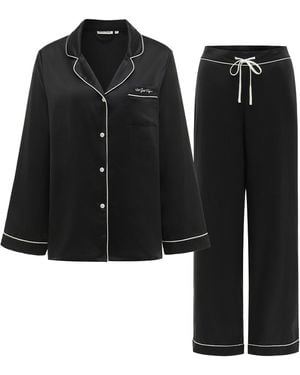 NOT JUST PAJAMA Little Heart Classic Silk Pyjama Long Set - Black