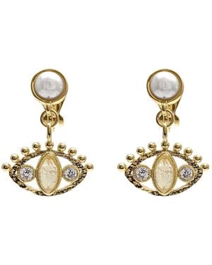 Farra Turkish Evil Eye Adorned Citrine Stone Pearl Clip-On Earrings - Metallic