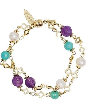 Farra Multi Colour Gemstone With Pearls Double Layers Chain Bracelet - Metallic