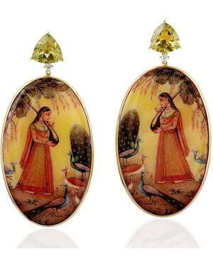 Artisan Picture Bakelite Earrings With Lemon Quartz, Diamond & 18K - Metallic