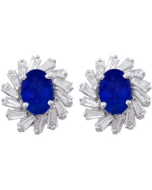 Artisan Oval Sapphire & Baguette Diamond Starburst Stud Earrings - Blue