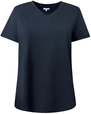 Perlavera Titi Solid Cotton Spandex Short Sleeve Length V-Neck T-Shirt - Blue