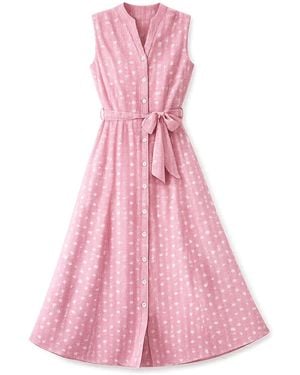 Yumi' Broderie Anglaise Embroidered Sleeveless Shirt Dress - Pink