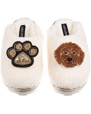 Laines London Neutrals Teddy Closed Toe Slippers With Paw & Apricot Cockapoo Brooches - White