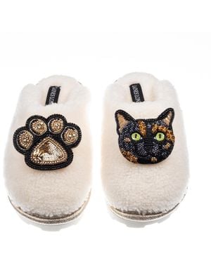 Laines London Teddy Closed Toe Slippers With Misty Cat & Paw Brooches - Metallic