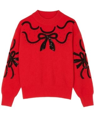 Yumi' Sequinned Bow Neckline Jumper - Red