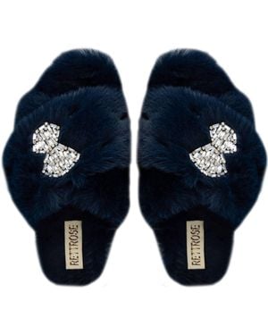 Rettrose Fefe Luxury Plush Diamanté Bow Embellished Handmade Slipper - Blue