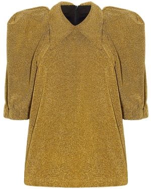 Julia Allert Evening Metallic Knit Puff Sleeve Blouse - Green
