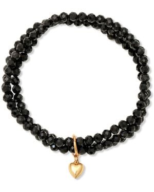 Heather Hawkins Jewelry Puff Heart Charm Three Strand Gemstone Stretch Bracelet - Black