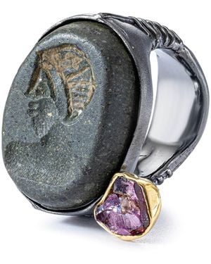 German Kabirski Faravahr Ring With Antique Near Eastern Sasanian Hemispherical Stamp And Raw Ruby - Gray
