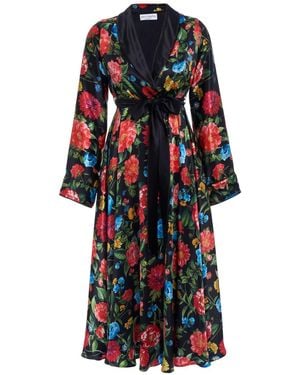 Sofia Tsereteli Silk Dressing Gown With Floral Motif - Black