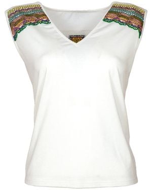 Lalipop Design Sleeveless Blouse With Colourful Accessories On The Yoke - White