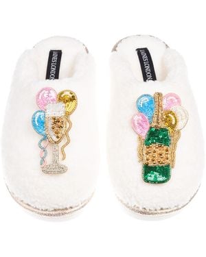 Laines London Neutrals Teddy Closed Toe Slippers With Birthday Bubbles Brooches - White