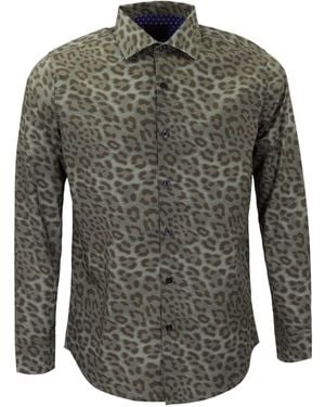lords of harlech Norman Leopard Sage Printed Cotton Long-Sleeve Shirt - Gray