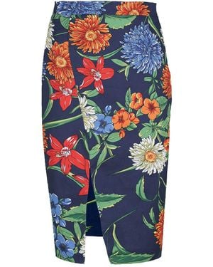 Conquista Floral Cotton Pencil Skirt - Blue