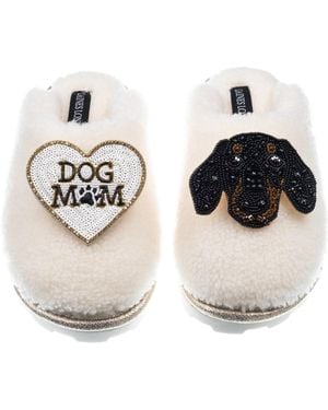 Laines London Teddy Closed Toe Slippers With Little Sausage The Dachshund & Dog Mum Mom Brooches - Metallic