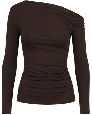 Monlicia Asymmetric Off-Shoulder Long Sleeve Stretch Lune Top - Brown