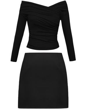ALINA CERNĂTESCU Taisa Set Classic Long Sleeve Stretch Draped Wool Blouse & A-Line Mini Skirt Set - Black