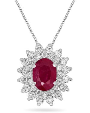 Artisan Oval Ruby & Diamond Floral Halo Pendant - Red