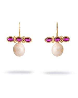 Ebru Jewelry Royal Ruby Pearl Drop Earrings - Pink