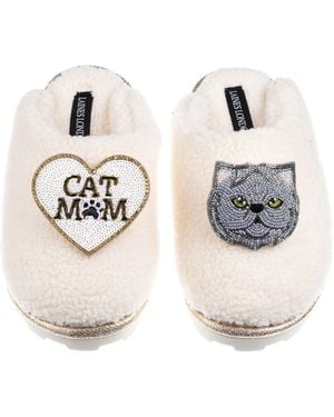 Laines London Neutrals Teddy Closed Toe Slippers With Cat Mum/Mom & Persian Cat Brooches - Metallic
