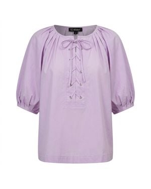 Smart and Joy Loose-Fitting Cotton Blouse With Puff Sleeves - Purple