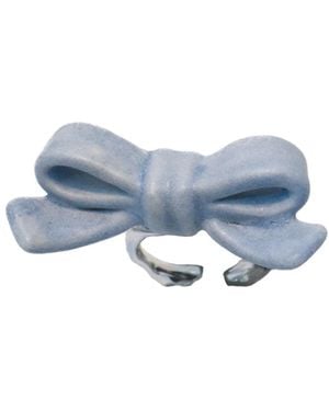 H2 Studio Bowtie Maniac Small Ribbon Ceramic Bowtie Rhodium Plated Brass Ring Rock - Blue