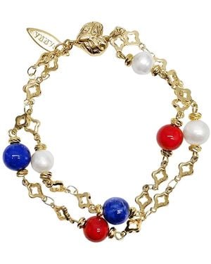Farra Lapis Bamboo Coral And Pearl Double Layer Chain Bracelet - Blue