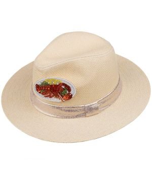 Laines London Neutrals Straw Woven Hat With Embellished Lobster Platter Brooch - Natural
