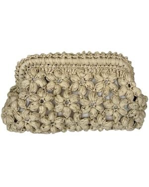 Springmoonatelier Neutrals Handmade Cream Raffia Clutch Bag With Floral Motifs – Elegant Spring And Summer Purse - Natural