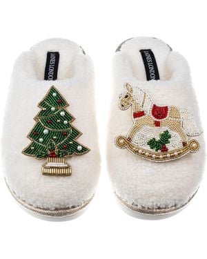 Laines London Neutrals Teddy Closed Toe Slippers With Christmas Tree & Rocking Horse Brooches - White