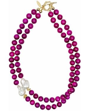 Farra Gemstones With Baroque Pearls Double Layers Necklace - Pink