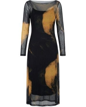 Modenaire Sheer Mesh Midi Dress With Abstract Print And Layered Slip - Black